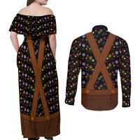 Traditional German Costume - Lederhosen Couples Matching Off Shoulder Maxi Dress and Long Sleeve Button Shirt Folk Floral Pattern Style