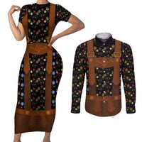 Traditional German Costume - Lederhosen Couples Matching Short Sleeve Bodycon Dress and Long Sleeve Button Shirt Folk Floral Pattern Style