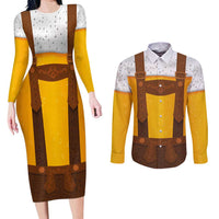 Traditional German Costume - Lederhosen Couples Matching Long Sleeve Bodycon Dress and Long Sleeve Button Shirt Oktoberfest Beer Head Funny Style