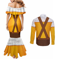 Traditional German Costume - Lederhosen Couples Matching Mermaid Dress and Long Sleeve Button Shirt Oktoberfest Beer Head Funny Style