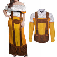 Traditional German Costume - Lederhosen Couples Matching Off Shoulder Maxi Dress and Long Sleeve Button Shirt Oktoberfest Beer Head Funny Style