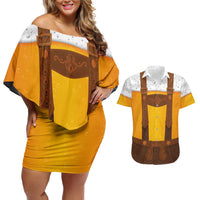 Traditional German Costume - Lederhosen Couples Matching Off Shoulder Short Dress and Hawaiian Shirt Oktoberfest Beer Head Funny Style