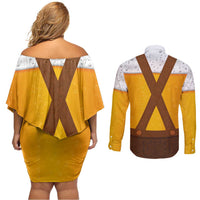 Traditional German Costume - Lederhosen Couples Matching Off Shoulder Short Dress and Long Sleeve Button Shirt Oktoberfest Beer Head Funny Style