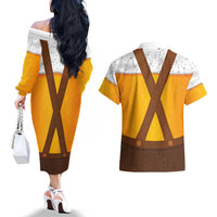 Traditional German Costume - Lederhosen Couples Matching Off The Shoulder Long Sleeve Dress and Hawaiian Shirt Oktoberfest Beer Head Funny Style