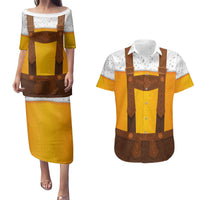 Traditional German Costume - Lederhosen Couples Matching Puletasi and Hawaiian Shirt Oktoberfest Beer Head Funny Style