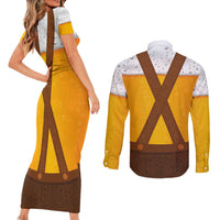 Traditional German Costume - Lederhosen Couples Matching Short Sleeve Bodycon Dress and Long Sleeve Button Shirt Oktoberfest Beer Head Funny Style
