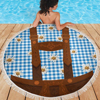 Traditional German Costume - Lederhosen Beach Blanket Blue Plaid Pattern with Edelweiss Flowers - Wonder Print Shop