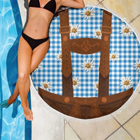 Traditional German Costume - Lederhosen Beach Blanket Blue Plaid Pattern with Edelweiss Flowers - Wonder Print Shop