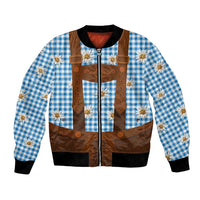 Traditional German Costume - Lederhosen Bomber Jacket Blue Plaid Pattern with Edelweiss Flowers - Wonder Print Shop