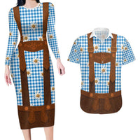 Traditional German Costume - Lederhosen Couples Matching Long Sleeve Bodycon Dress and Hawaiian Shirt Blue Plaid Pattern with Edelweiss Flowers