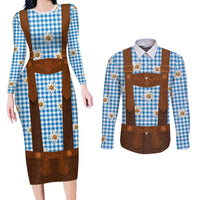 Traditional German Costume - Lederhosen Couples Matching Long Sleeve Bodycon Dress and Long Sleeve Button Shirt Blue Plaid Pattern with Edelweiss Flowers