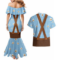 Traditional German Costume - Lederhosen Couples Matching Mermaid Dress and Hawaiian Shirt Blue Plaid Pattern with Edelweiss Flowers