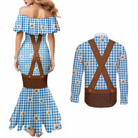 Traditional German Costume - Lederhosen Couples Matching Mermaid Dress and Long Sleeve Button Shirt Blue Plaid Pattern with Edelweiss Flowers