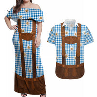 Traditional German Costume - Lederhosen Couples Matching Off Shoulder Maxi Dress and Hawaiian Shirt Blue Plaid Pattern with Edelweiss Flowers