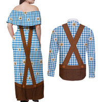 Traditional German Costume - Lederhosen Couples Matching Off Shoulder Maxi Dress and Long Sleeve Button Shirt Blue Plaid Pattern with Edelweiss Flowers