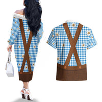 Traditional German Costume - Lederhosen Couples Matching Off The Shoulder Long Sleeve Dress and Hawaiian Shirt Blue Plaid Pattern with Edelweiss Flowers
