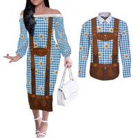 Traditional German Costume - Lederhosen Couples Matching Off The Shoulder Long Sleeve Dress and Long Sleeve Button Shirt Blue Plaid Pattern with Edelweiss Flowers