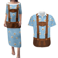 Traditional German Costume - Lederhosen Couples Matching Puletasi and Hawaiian Shirt Blue Plaid Pattern with Edelweiss Flowers
