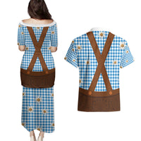 Traditional German Costume - Lederhosen Couples Matching Puletasi and Hawaiian Shirt Blue Plaid Pattern with Edelweiss Flowers