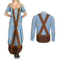 Traditional German Costume - Lederhosen Couples Matching Summer Maxi Dress and Long Sleeve Button Shirt Blue Plaid Pattern with Edelweiss Flowers