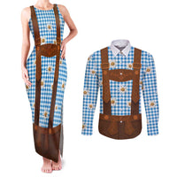 Traditional German Costume - Lederhosen Couples Matching Tank Maxi Dress and Long Sleeve Button Shirt Blue Plaid Pattern with Edelweiss Flowers