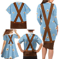 Traditional German Costume - Lederhosen Family Matching Long Sleeve Bodycon Dress and Hawaiian Shirt Blue Plaid Pattern with Edelweiss Flowers - Wonder Print Shop