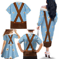 Traditional German Costume - Lederhosen Family Matching Off The Shoulder Long Sleeve Dress and Hawaiian Shirt Blue Plaid Pattern with Edelweiss Flowers