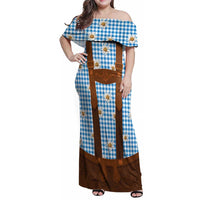 Traditional German Costume - Lederhosen Family Matching Off Shoulder Maxi Dress and Hawaiian Shirt Blue Plaid Pattern with Edelweiss Flowers - Wonder Print Shop