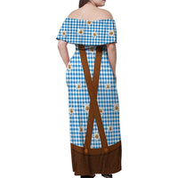 Traditional German Costume - Lederhosen Family Matching Off Shoulder Maxi Dress and Hawaiian Shirt Blue Plaid Pattern with Edelweiss Flowers - Wonder Print Shop