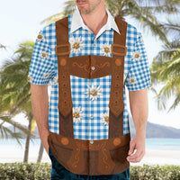 Traditional German Costume - Lederhosen Hawaiian Shirt Blue Plaid Pattern with Edelweiss Flowers - Wonder Print Shop