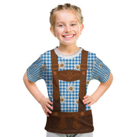 Traditional German Costume - Lederhosen Kid T Shirt Blue Plaid Pattern with Edelweiss Flowers - Wonder Print Shop