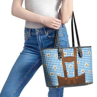 Traditional German Costume - Lederhosen Leather Tote Bag Blue Plaid Pattern with Edelweiss Flowers
