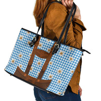 Traditional German Costume - Lederhosen Leather Tote Bag Blue Plaid Pattern with Edelweiss Flowers