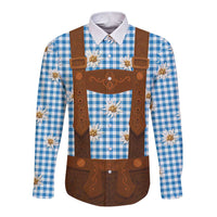 Traditional German Costume - Lederhosen Long Sleeve Button Shirt Blue Plaid Pattern with Edelweiss Flowers