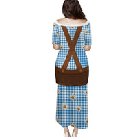 Traditional German Costume - Lederhosen Puletasi Blue Plaid Pattern with Edelweiss Flowers - Wonder Print Shop