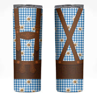 Traditional German Costume - Lederhosen Skinny Tumbler Blue Plaid Pattern with Edelweiss Flowers - Wonder Print Shop