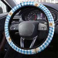 Traditional German Costume - Lederhosen Steering Wheel Cover Blue Plaid Pattern with Edelweiss Flowers - Wonder Print Shop