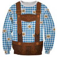 Traditional German Costume - Lederhosen Sweatshirt Blue Plaid Pattern with Edelweiss Flowers - Wonder Print Shop