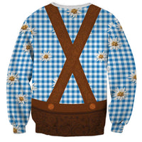 Traditional German Costume - Lederhosen Sweatshirt Blue Plaid Pattern with Edelweiss Flowers - Wonder Print Shop