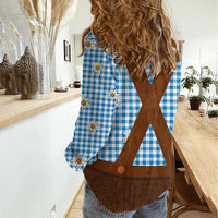 Traditional German Costume - Lederhosen Women Casual Shirt Blue Plaid Pattern with Edelweiss Flowers - Wonder Print Shop