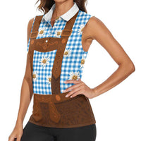 Traditional German Costume - Lederhosen Women Sleeveless Polo Shirt Blue Plaid Pattern with Edelweiss Flowers - Wonder Print Shop