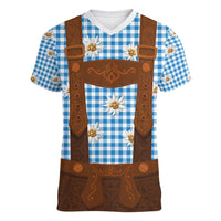Traditional German Costume - Lederhosen Women V-Neck T-Shirt Blue Plaid Pattern with Edelweiss Flowers - Wonder Print Shop