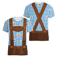 Traditional German Costume - Lederhosen Women V-Neck T-Shirt Blue Plaid Pattern with Edelweiss Flowers - Wonder Print Shop