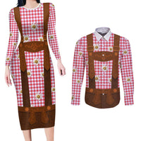 Traditional German Costume - Lederhosen Couples Matching Long Sleeve Bodycon Dress and Long Sleeve Button Shirt Red Plaid Pattern with Edelweiss Flowers