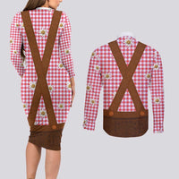 Traditional German Costume - Lederhosen Couples Matching Long Sleeve Bodycon Dress and Long Sleeve Button Shirt Red Plaid Pattern with Edelweiss Flowers