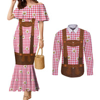 Traditional German Costume - Lederhosen Couples Matching Mermaid Dress and Long Sleeve Button Shirt Red Plaid Pattern with Edelweiss Flowers