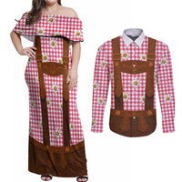 Traditional German Costume - Lederhosen Couples Matching Off Shoulder Maxi Dress and Long Sleeve Button Shirt Red Plaid Pattern with Edelweiss Flowers