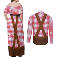 Traditional German Costume - Lederhosen Couples Matching Off Shoulder Maxi Dress and Long Sleeve Button Shirt Red Plaid Pattern with Edelweiss Flowers