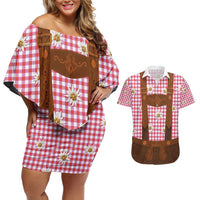 Traditional German Costume - Lederhosen Couples Matching Off Shoulder Short Dress and Hawaiian Shirt Red Plaid Pattern with Edelweiss Flowers