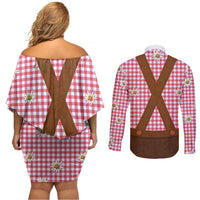 Traditional German Costume - Lederhosen Couples Matching Off Shoulder Short Dress and Long Sleeve Button Shirt Red Plaid Pattern with Edelweiss Flowers